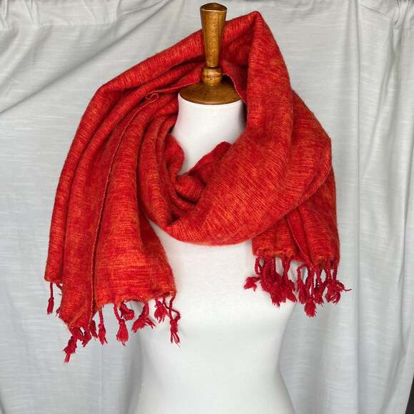 Orange Red Autumn Scarf w/ Fringe - Picture 5 of 6